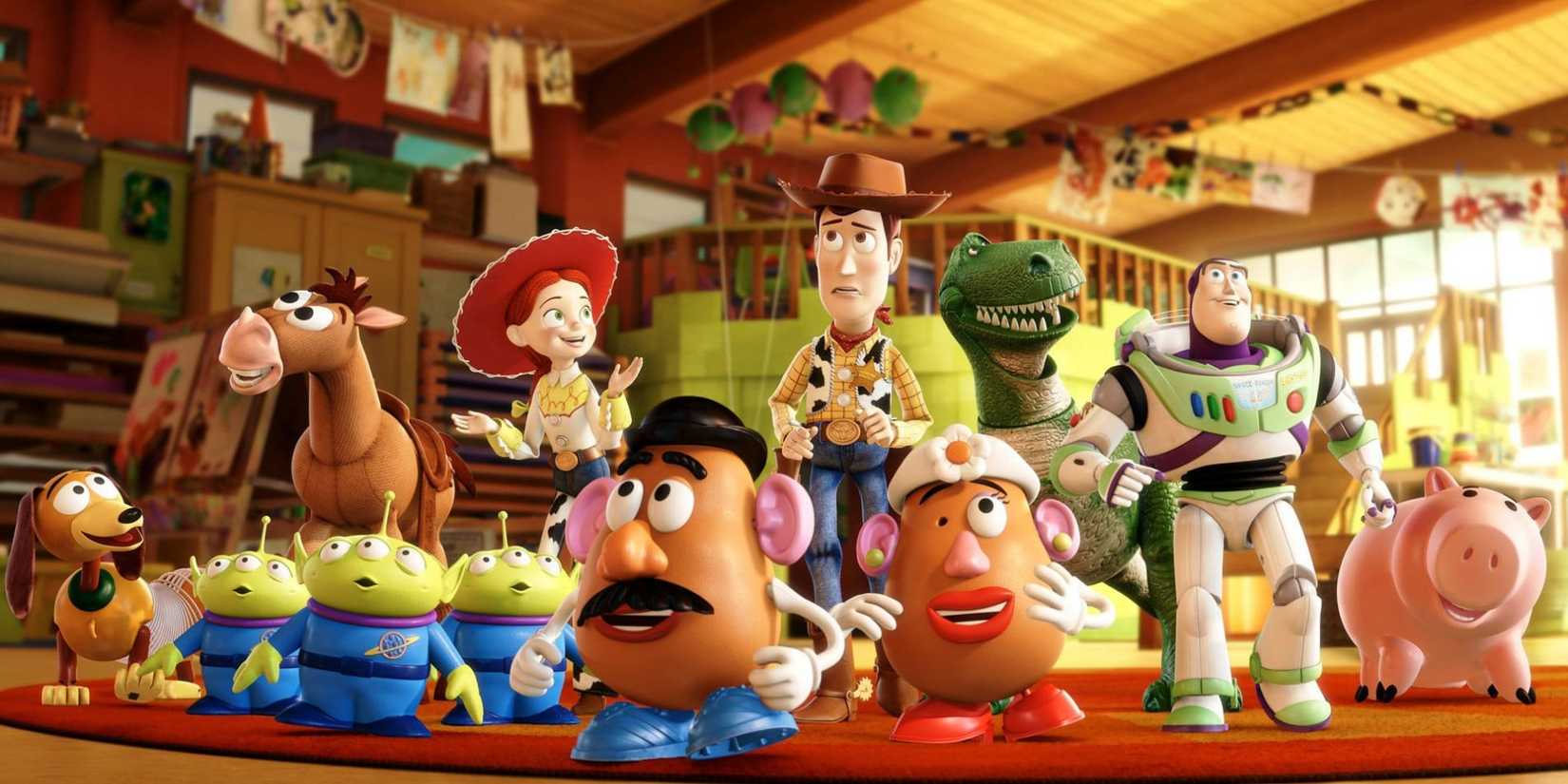 The toys stand in a daycare center and have mixed reactions to their new environment in Toy Story 3.