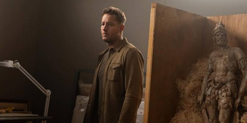 Colter Shaw (Justin Hartley) stands beside a statue in the 'Tracker' episode "Eat the Rich"