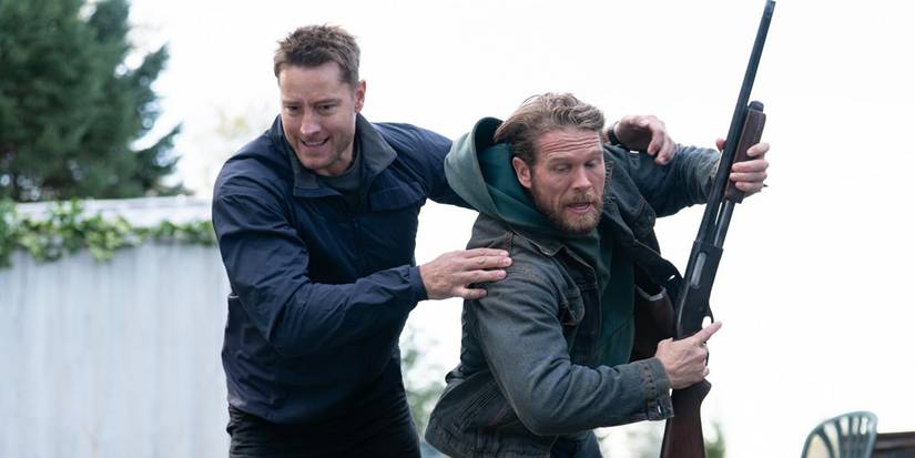 Colter Shaw (Justin Hartley) tackles Trevor Flint (Brett Zimmerman) to the ground in the 'Tracker' episode "Eurydice"