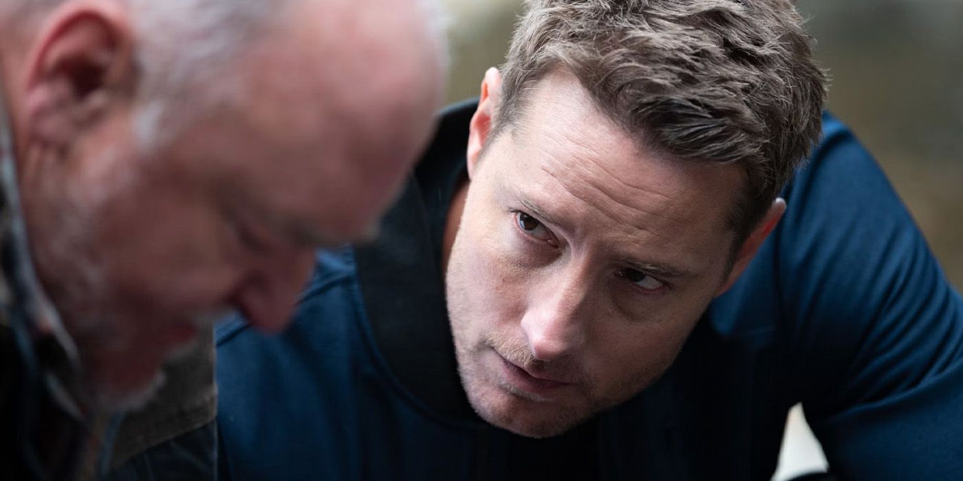 Colter Shaw (Justin Hartley) looks concerned at John Keaton (Brent Sexton) in the 'Tracker' episode "Good Trouble"