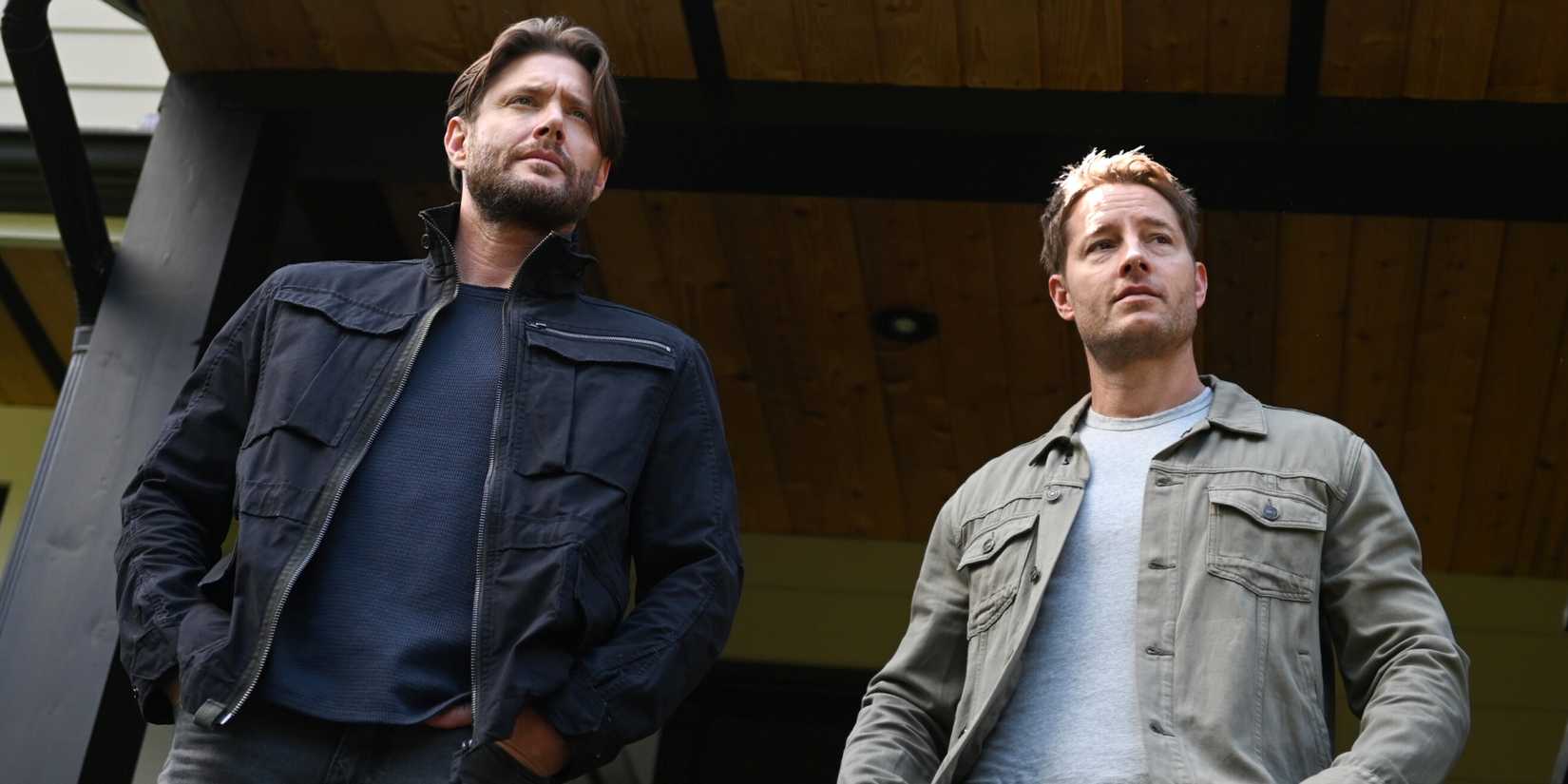 Justin Hartley as Colter Shaw standing on a house porch with Jensen Ackles as Russell Shaw in Tracker 