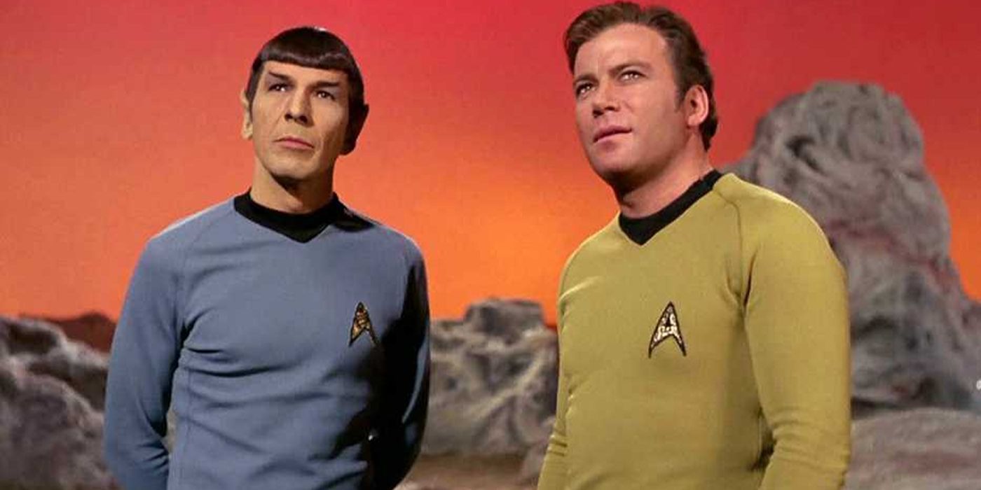 Leonard Nimoy and William Shatner on a planet looking up in 'Star Trek: The Original Series.'