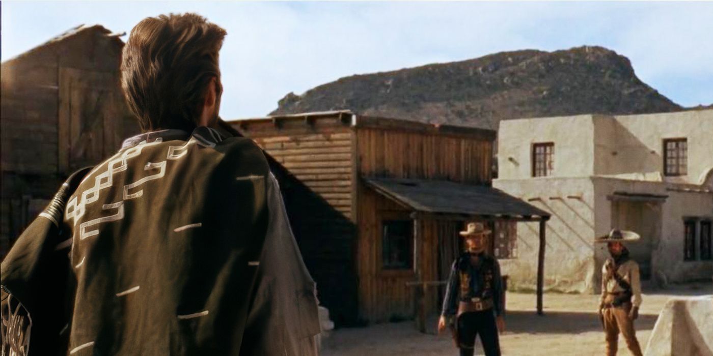 Clint Eastwood as the Man with No Name in the Mexican standoff in A Fistful of Dollars.