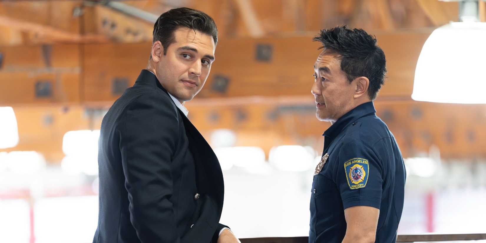 Eddie Diaz and Chimney Han standing together in the firehouse in 9-1-1 Season 9 Episode 10