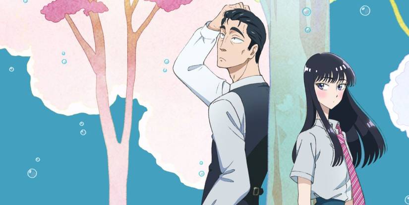 Two characters rest against opposite sides of the same tree in an image for After the Rain anime.