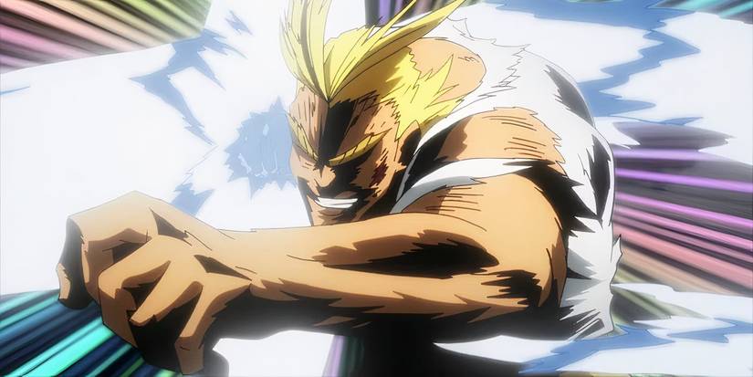 All Might throwing a big punch with his t-shirt ripping My Hero Academia