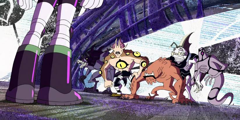 All of Ben's aliens standing together looking at someone on an alien planet in Ben 10 vs. the Universe: The Movie