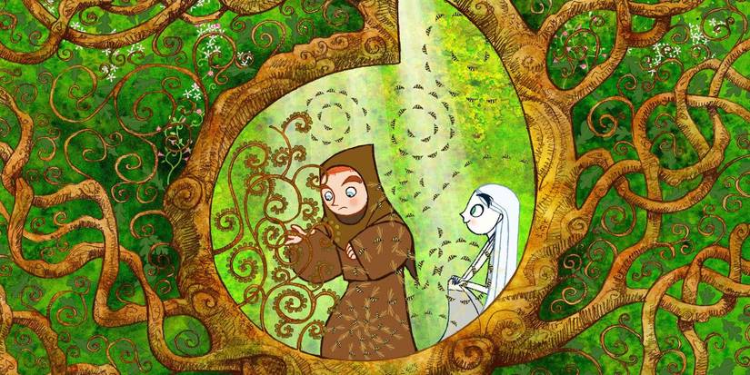 Brendan, a young monk, and Aisling with white hair inside a tree in a forest in The Secret of Kells.