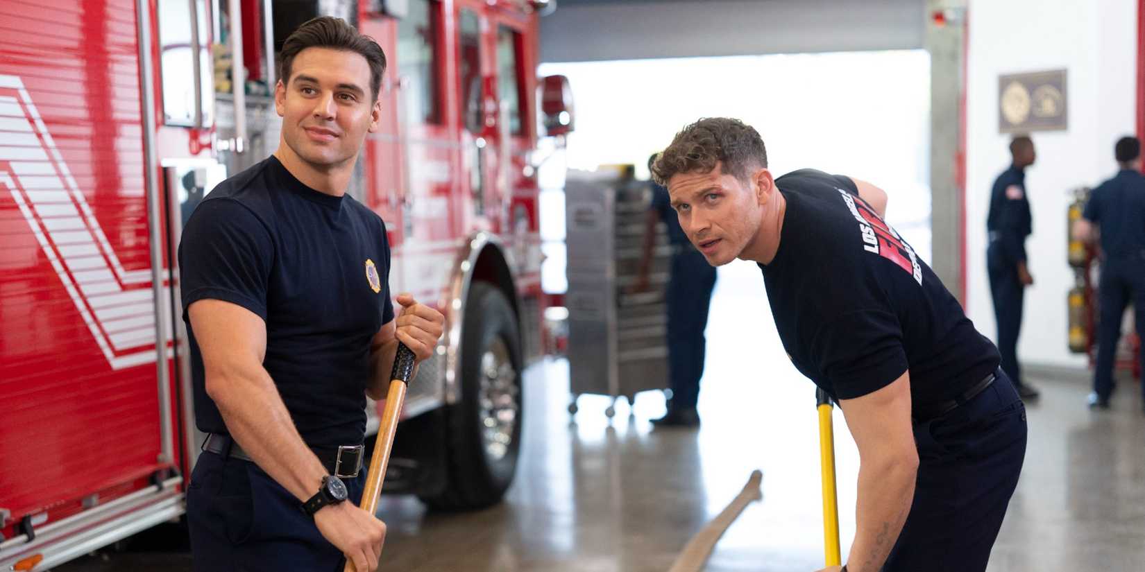 Buck and Eddie sweeping the floor of the fire station together in 9-1-1 Season 9