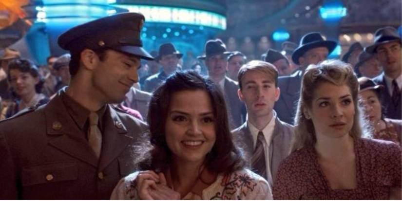 Sebastian Stan as Bucky Barnes and Jenna Coleman as Connie in 'Captain America: The First Avenger.'