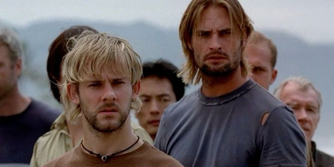 Charlie and Sawyer on the beach with other survivors in 'Lost'