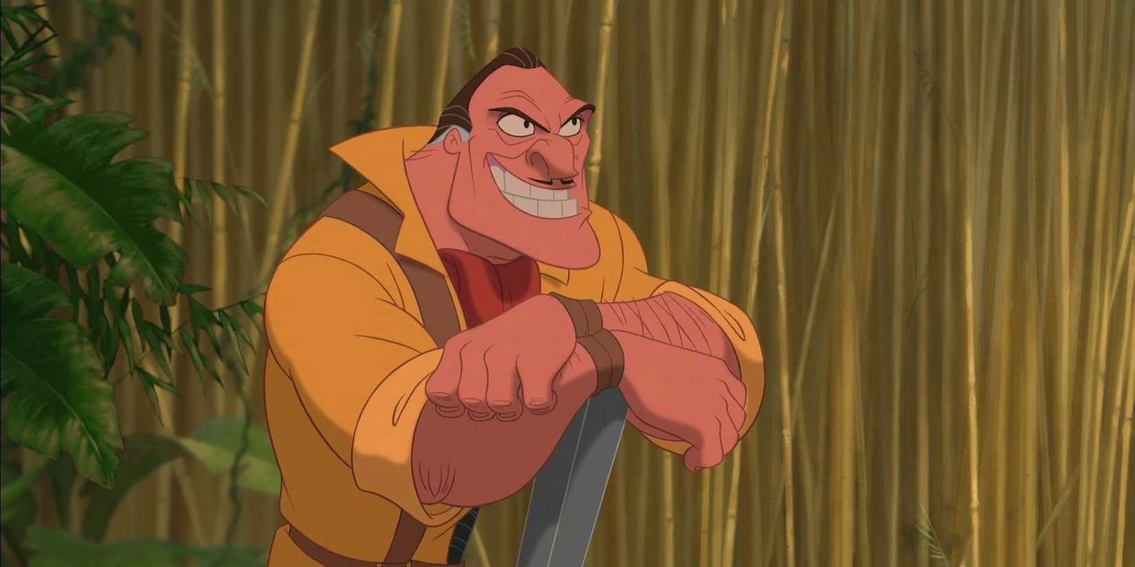 Clayton leaning against his gun with a conniving toothy grin on his face in Disney's  'Tarzan' 