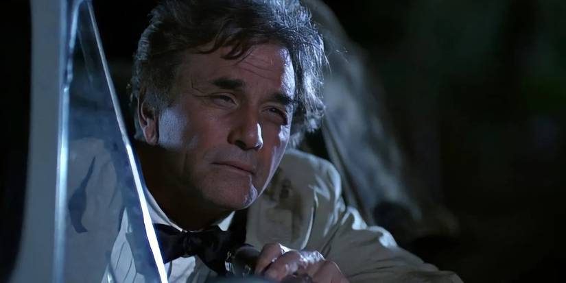 Columbo (Peter Falk) seen looking out of a car window in the Columbo episode "No Time to Die."