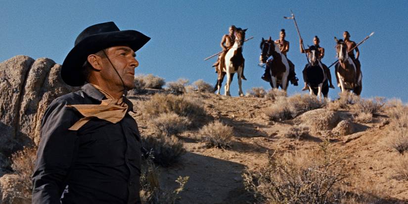 Randolph Scott as Jefferson Cody surrounded by Indians in 'Comanche Station'