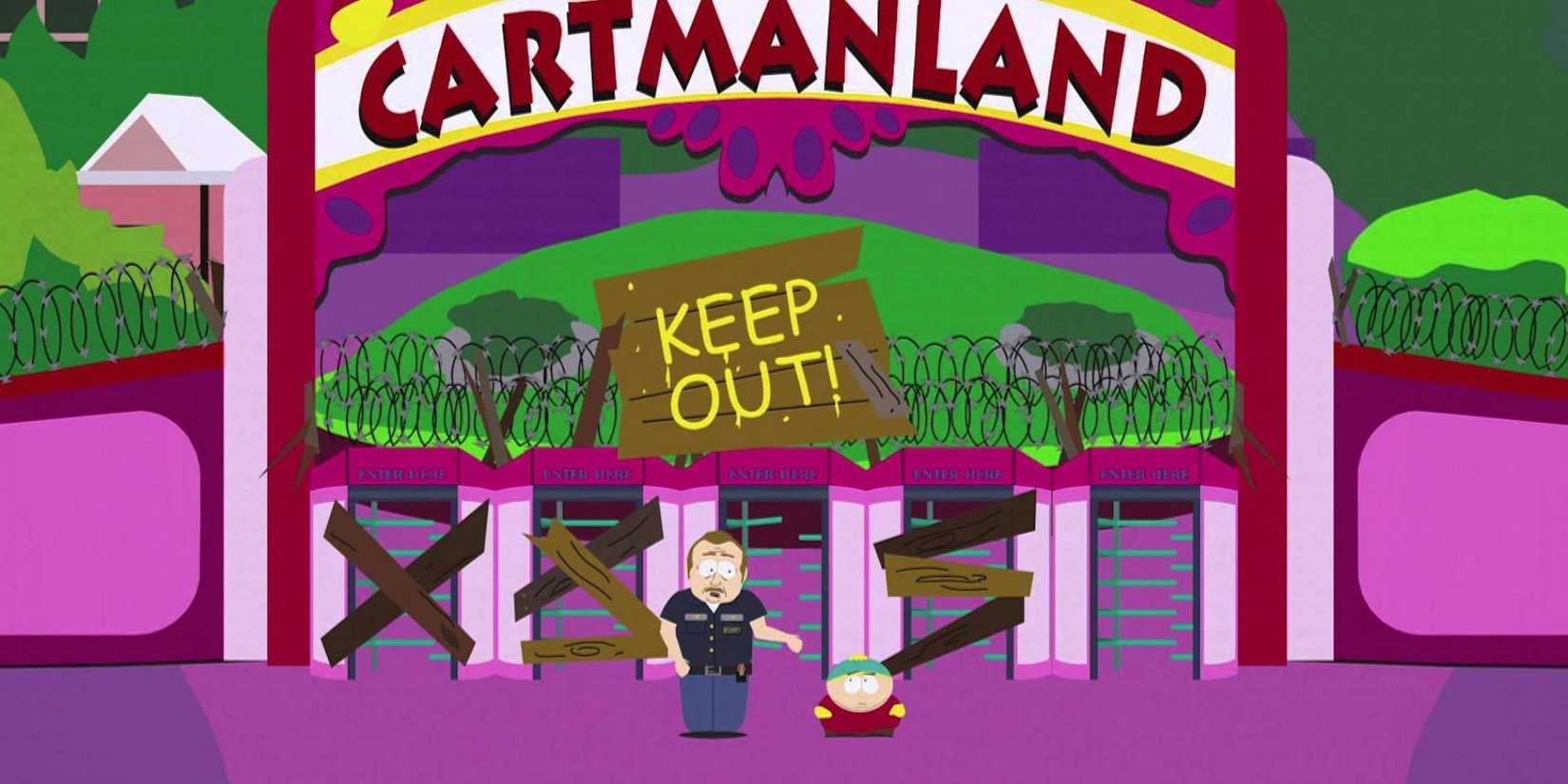 Eric Cartman standing out front of Cartmanland next to a security guard in South Park in Cartmanland