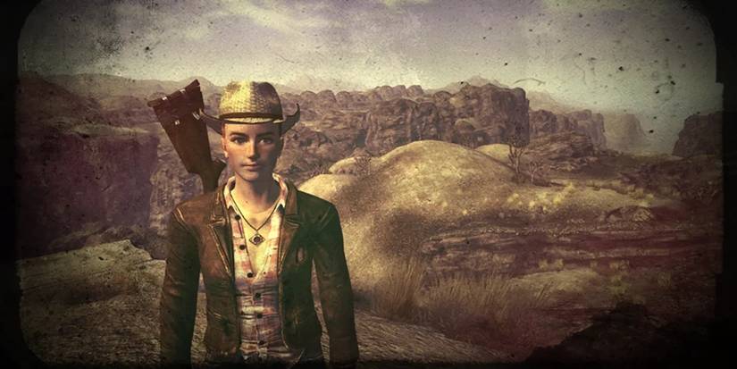  New Vegas wearing a cowboy hat with a gun strapped behind.