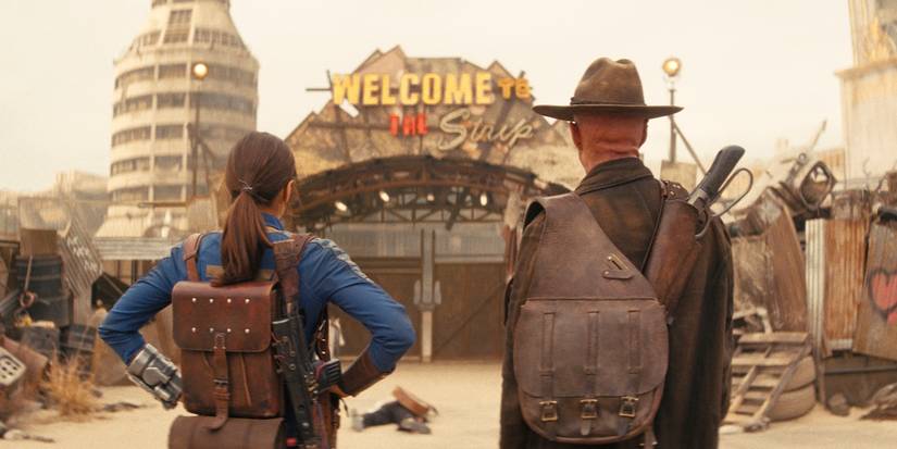Ella Purnell as Lucy and Walton Goggins as The Ghoul outside Las Vegas in Fallout