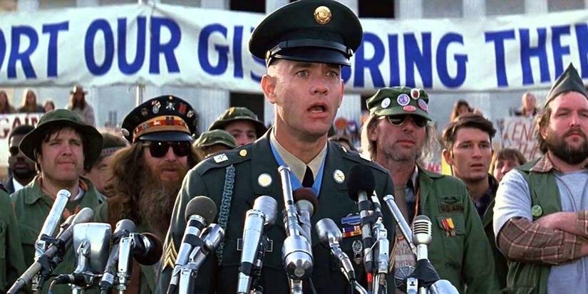 Forrest Gump (Tom Hanks) speaks at a protest speech in 'Forrest Gump'