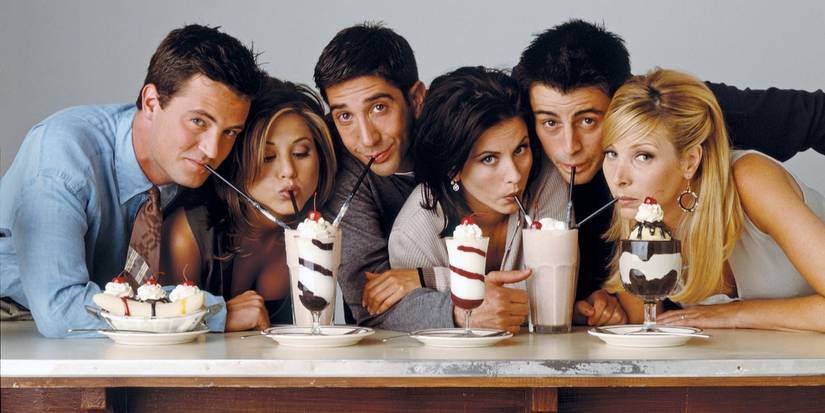 Matthew Perry, Jennifer Aniston, David Schwimmer, Courteney Cox, Matt LeBlanc, and Lisa Kudrow drinking milkshakes in 'Friends' poster.