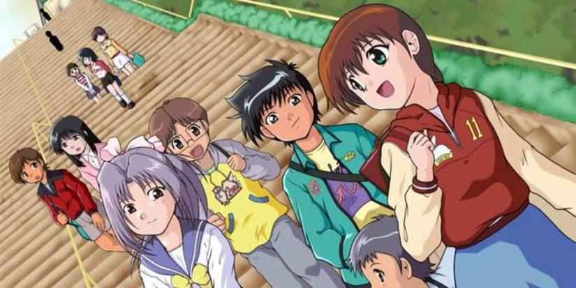 Several characters walk down a tall set of outdoor stairs, looking happy in the Ghost Stories anime.