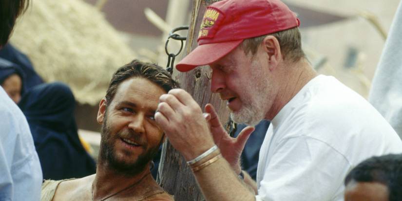 Russell Crowe and Ridley Scott behind the scenes of Gladiator