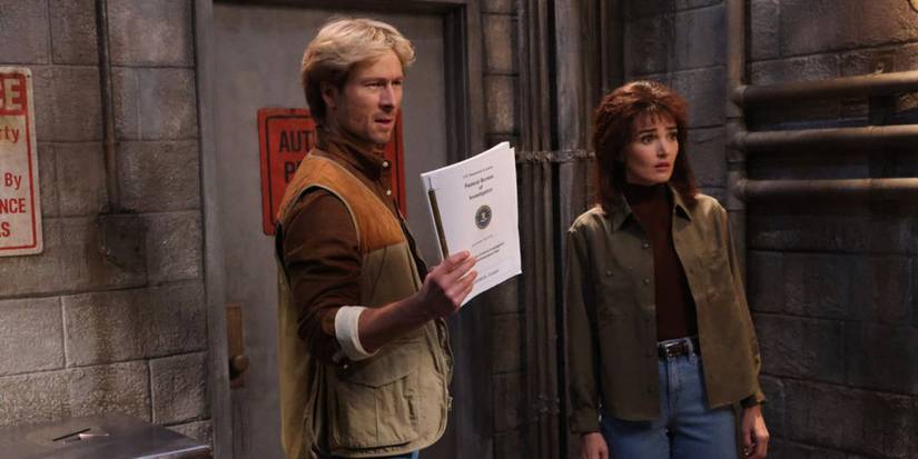 Glen Powell and Chloe Fineman in a MacGruber sketch on SNL.