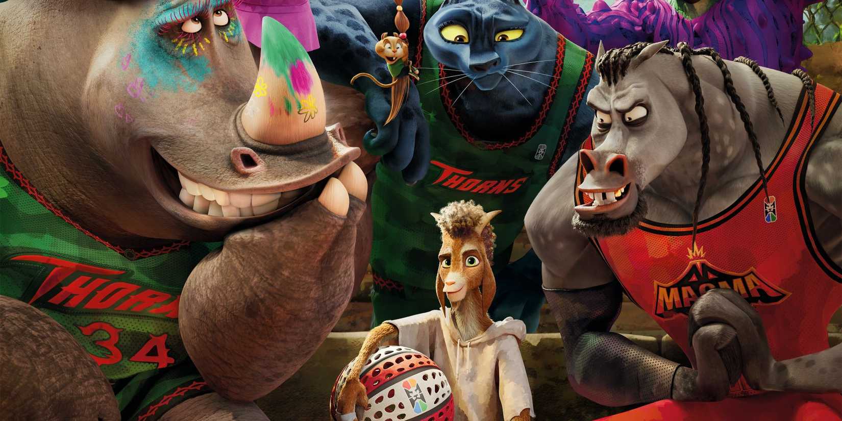 The main character of a goat holds a round ball and is surrounded by larger animals in a poster for GOAT.