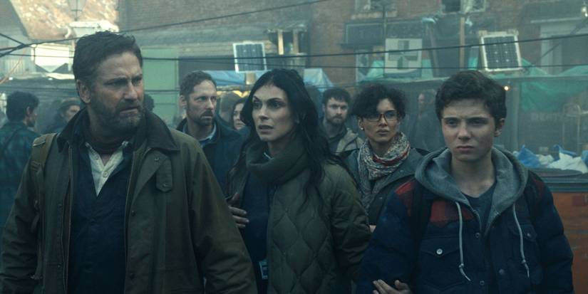 John, Allison, and Nate walking through a crowd looking concerned