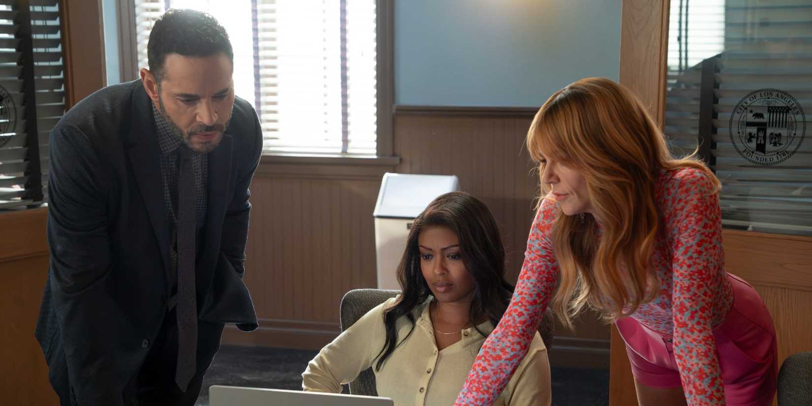 Karadec, Morgan, and Daphne looking at a computer screen together in High Potential Season 2 Episode 12