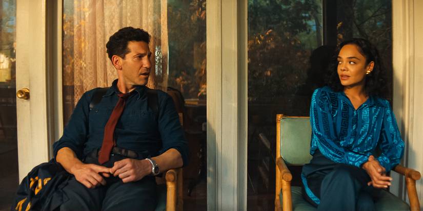 Jon Bernthal and Tessa Thompson sitting next to each other in 'His & Hers'