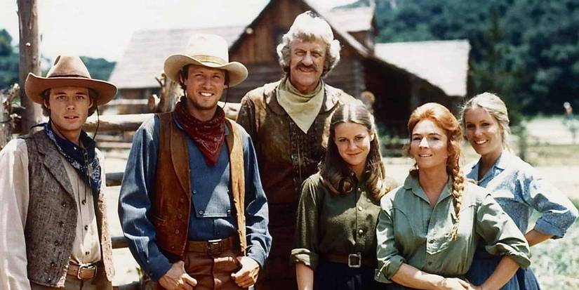 The cast of 'How the West Was Won,' including Josh "Jed" Macahan (William Kirby Cullen), Luke "Seth" Macahan (Bruce Boxleitner), Zebulon "Zeb" Macahan (James Arness), Jessica "Jessie" Macahan (Vicki Schreck), Katherine "Kate" Macahan (Eva Marie Saint), and Laura Macahan (Kathryn Holcomb),