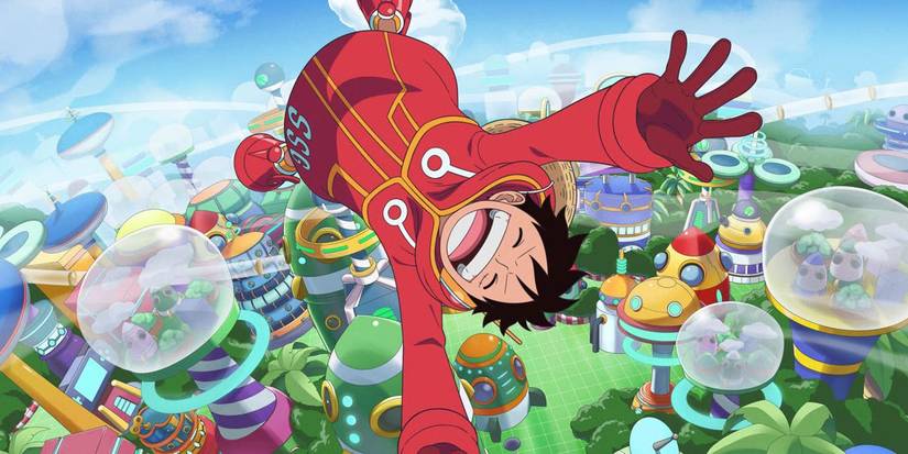 Luffy jumping and laughing in One-Piece