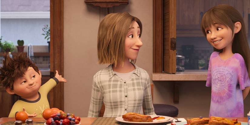 Elliot and Stevie talking to Mom at the table during breakfast.