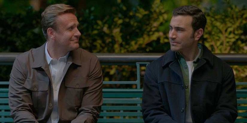 Jason Segel as Jimmy and Brett Goldstein as Louis at a train station in Shrinking.