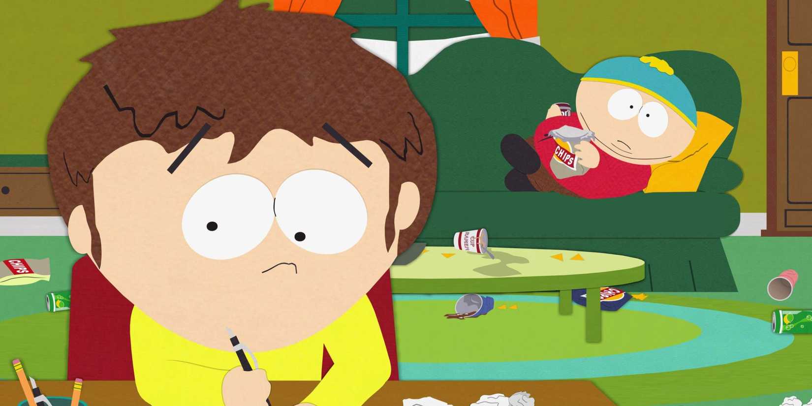 Jimmy sitting at a desk writing while Cartman is lying on a couch behind him in South Park episode Fishsticks
