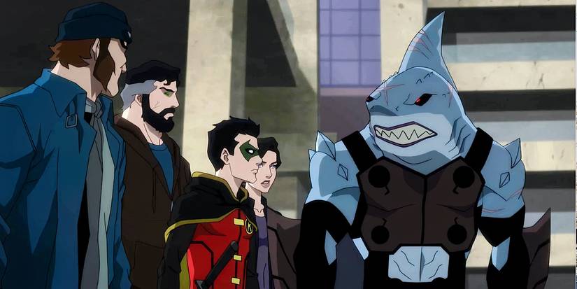 A few iconic characters discussing their plans in the animated film Justice League: Dark Apokolips War.