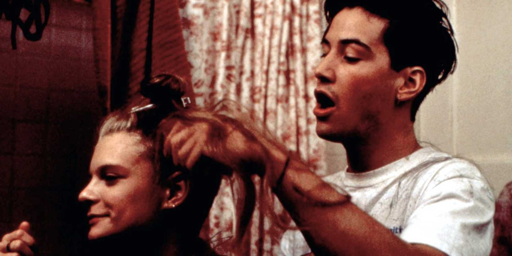 Keanu Reeves combs Martha Plimpton's hair in Parenthood.