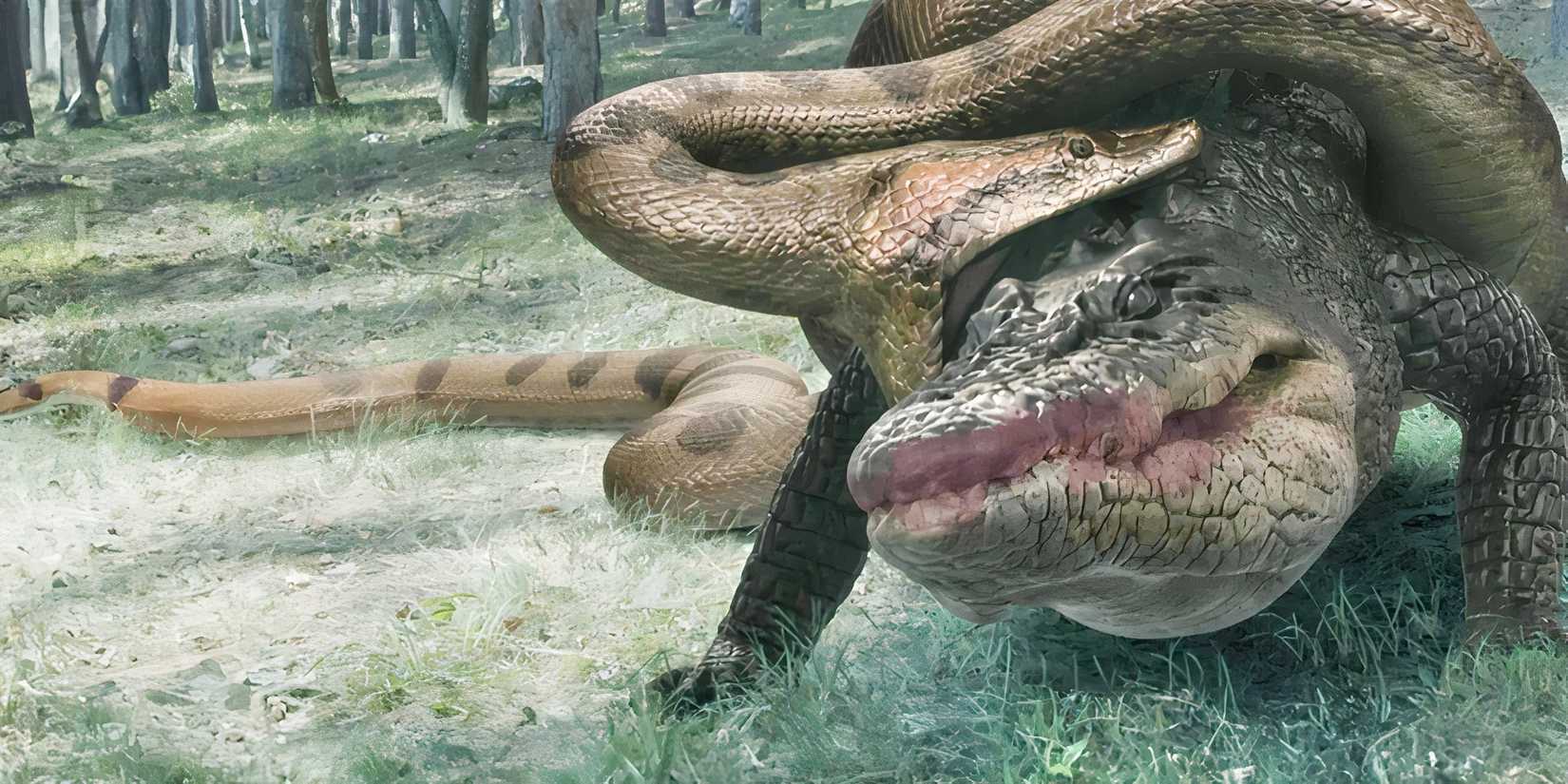 An anaconda attempt to eat a giant alligator in 'Lake Placid vs. Anaconda' (2015)