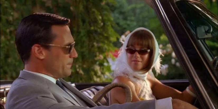 Jon Hamm in a car with a passenger in the 'Mad Men' episode "The Jet Set."