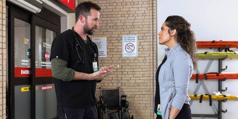 Dr. Robby (Noah Wyle) talking to Dr. Al-Hashimi (Sepideh Moafi) on 'The Pitt'