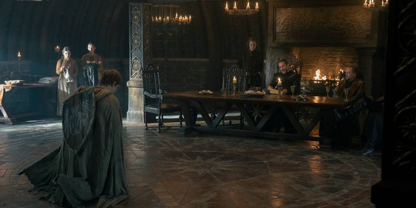 Dunk (Peter Claffey) bows to Baelor (Bertie Carvel) in A Knight of the Seven Kingdoms