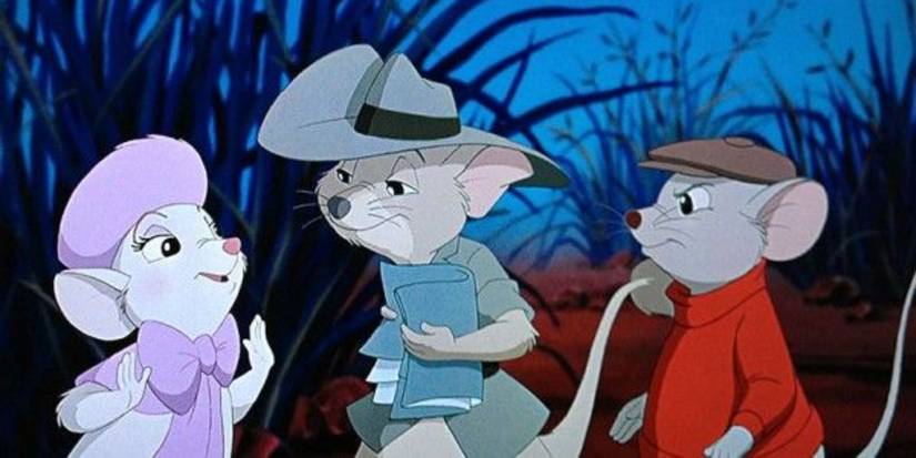 Miss Bianca talks to Jake, who holds a map as Bernard looks annoyed in The Rescuers Down Under. 