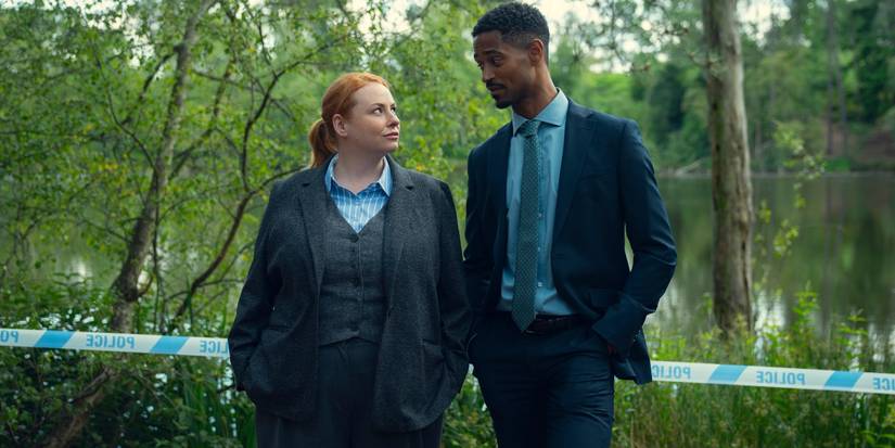 Amy Gledhill as DC Ruby Todd and Alfred Enoch as DC Isaac Fagbenle look at each other at a crime scene in 'Run Away.'
