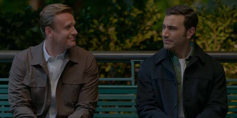 Jason Segel as Jimmy and Brett Goldstein as Louis at a train station in Shrinking 