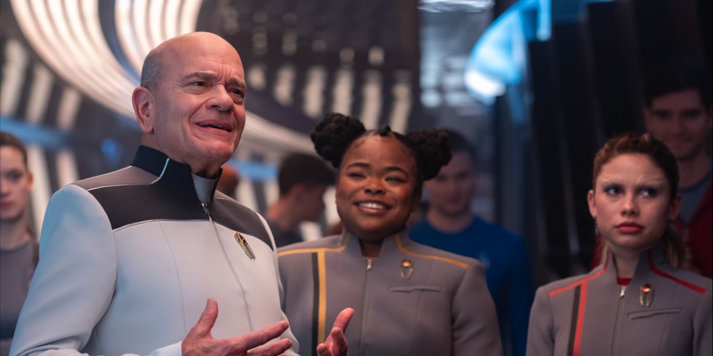 Robert Picardo as The Doctor, Kerrice Brooks as Sam and Bella Shepard as Genesis in season 1 , episode 1 of Star Trek: Starfleet Academy streaming on Paramount+
