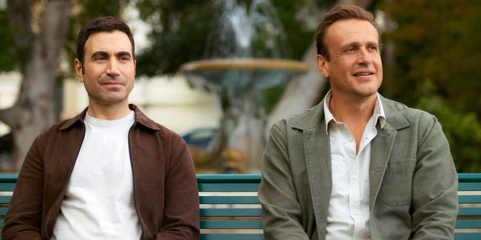 Jason Segel as Jimmy sitting on a bench next to Brett Goldstein as Louis in Shrinking Season 3