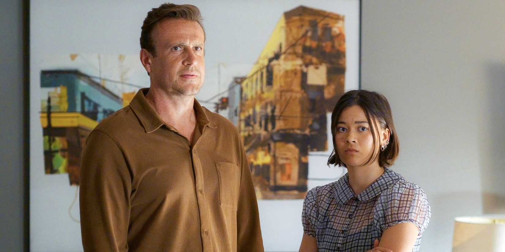 Jason Segel as Jimmy standing next to Lukita Maxwell as Alice looking confused in Shrinking Season 3