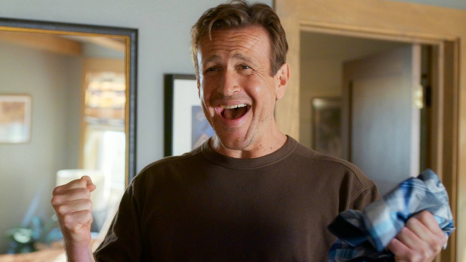Jason Segel as Jimmy expressing great excitement in Season 3 of Shrinking.