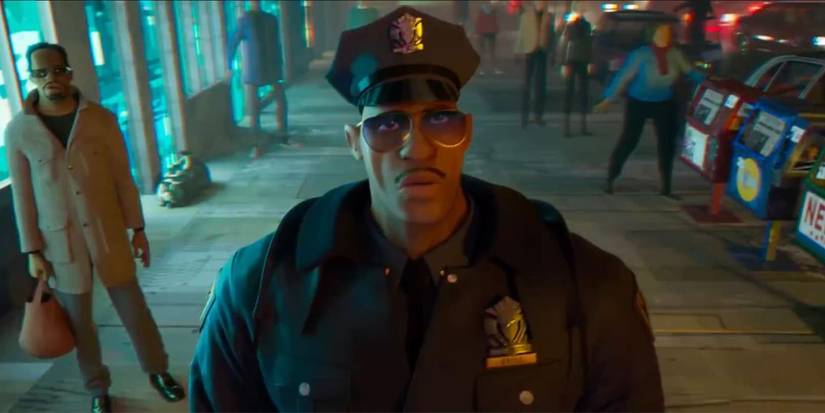 Jefferson Davis (Brian Tyree Henry) looking at something in 'Spider-Man: Into the Spider-Verse'