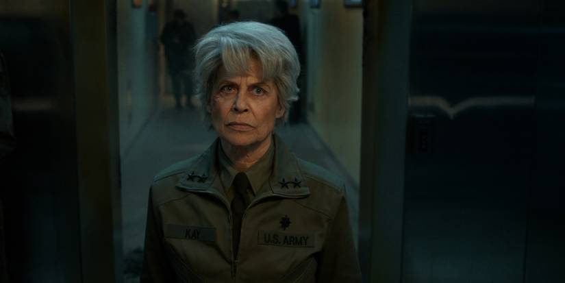 Linda Hamilton as Dr. Kay staring ahead with a serious expression on 'Stranger Things.'
